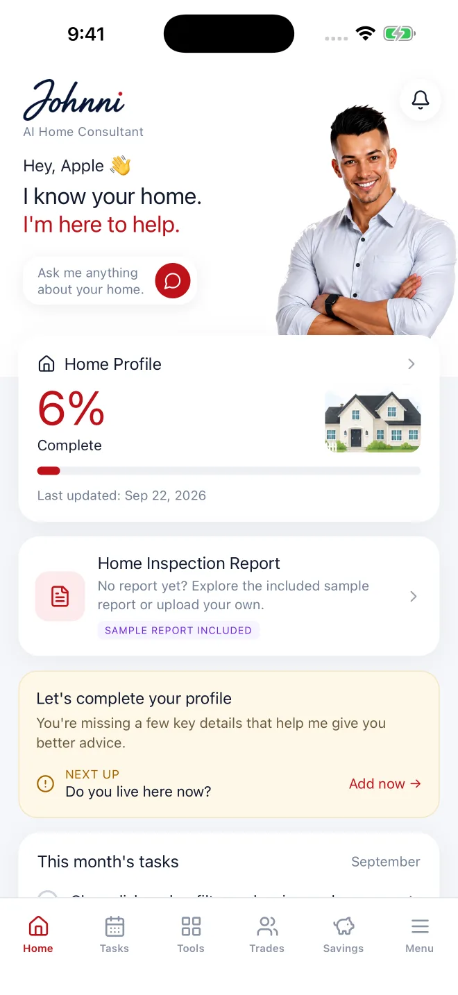 Johnni home screen showing the home profile and inspection report