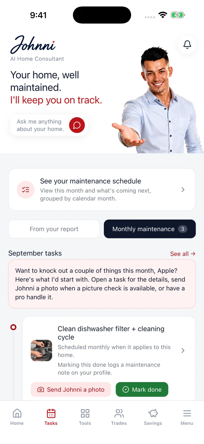 Johnni Tasks screen with tasks from the inspection report and monthly maintenance